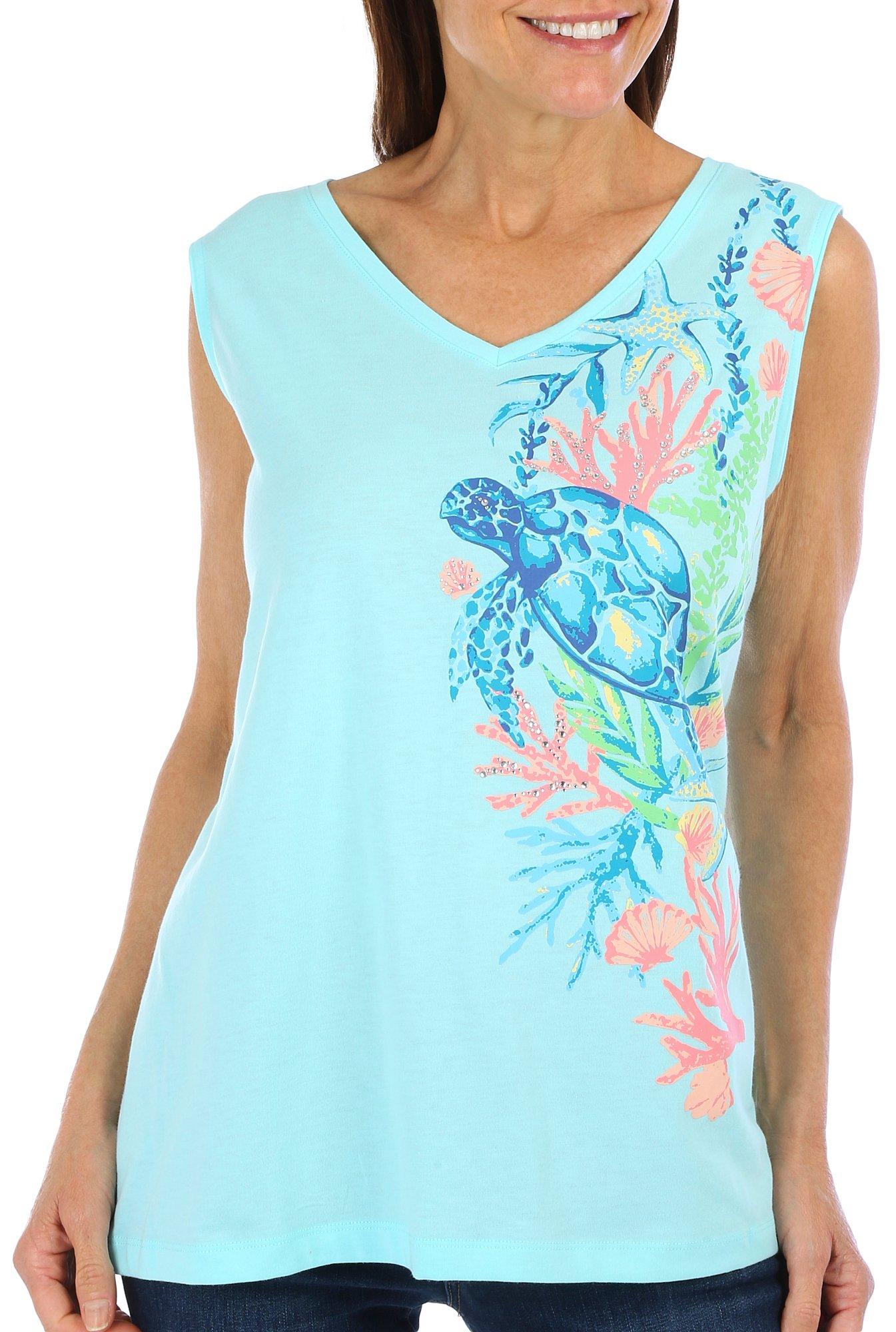 Coral Bay Womens Embellished Under Sea Sleeveless Top