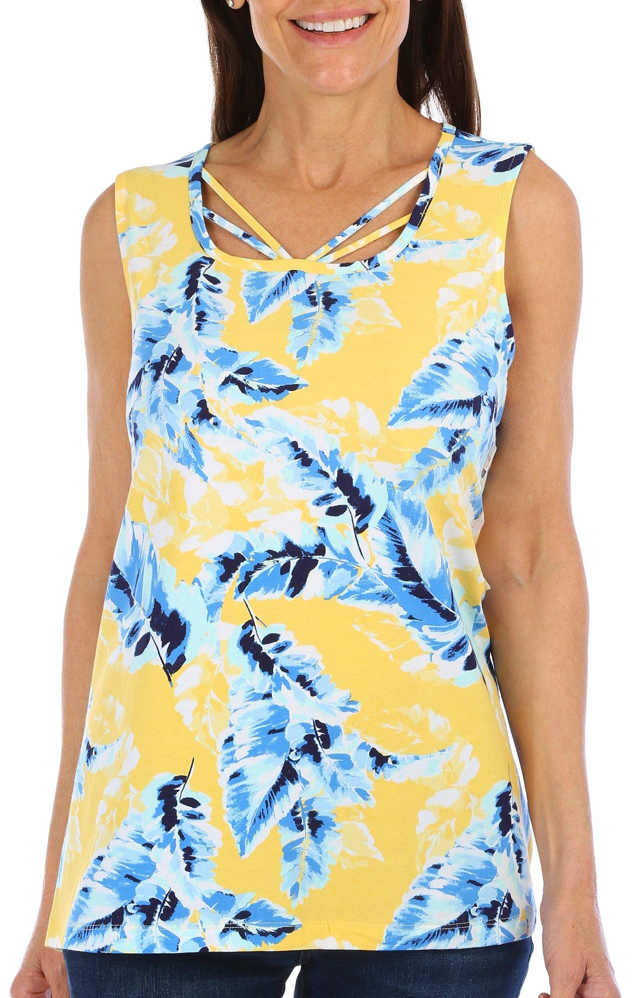 Coral Bay Womens Feather Print Crisscross Keyhole Top