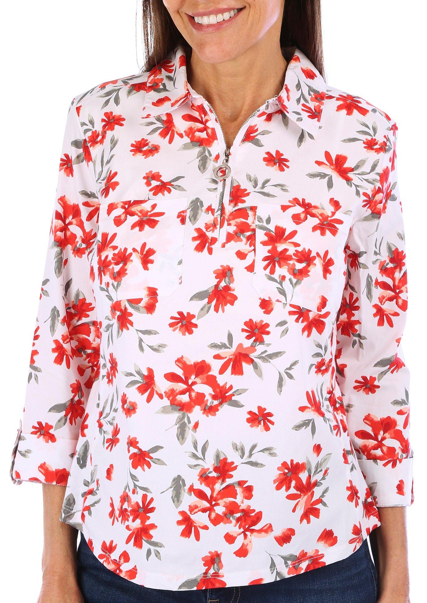 Coral Bay Womens Zip Floral Knit To Fit 3/4 Sleeve Top