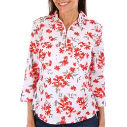 Coral Bay Womens Zip Floral Knit To Fit 3/4 Sleeve Top