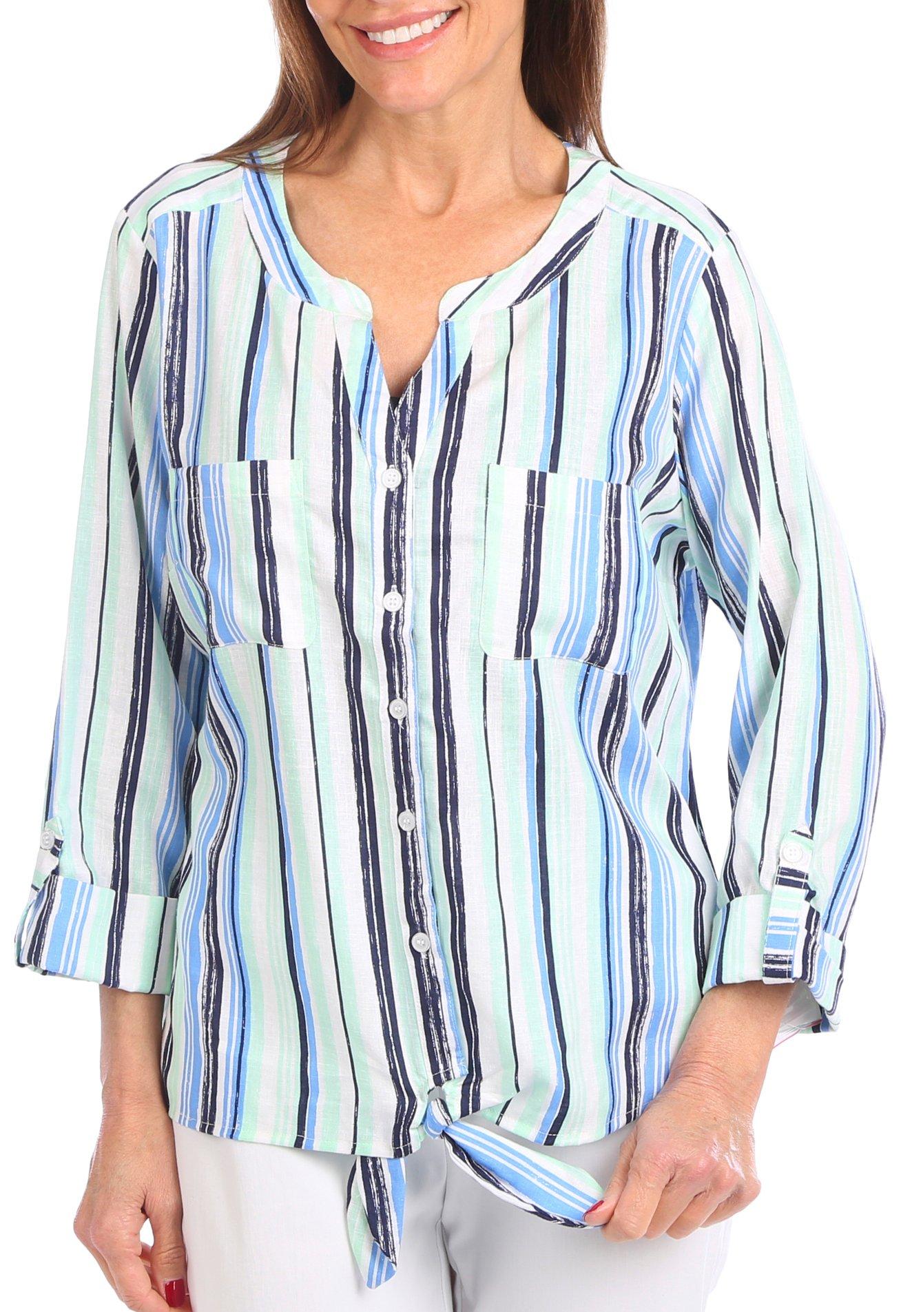 Coral Bay Womens Stripe Print Button Down 3/4 Sleeve Top