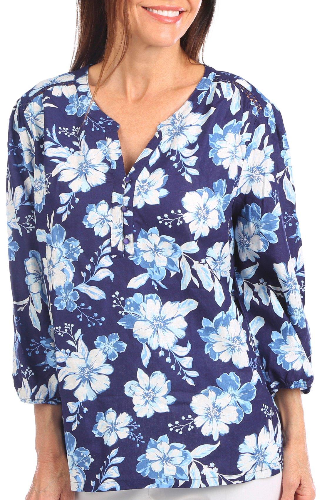 Coral Bay Womens Flower Print 3/4 Tie Sleeve Top