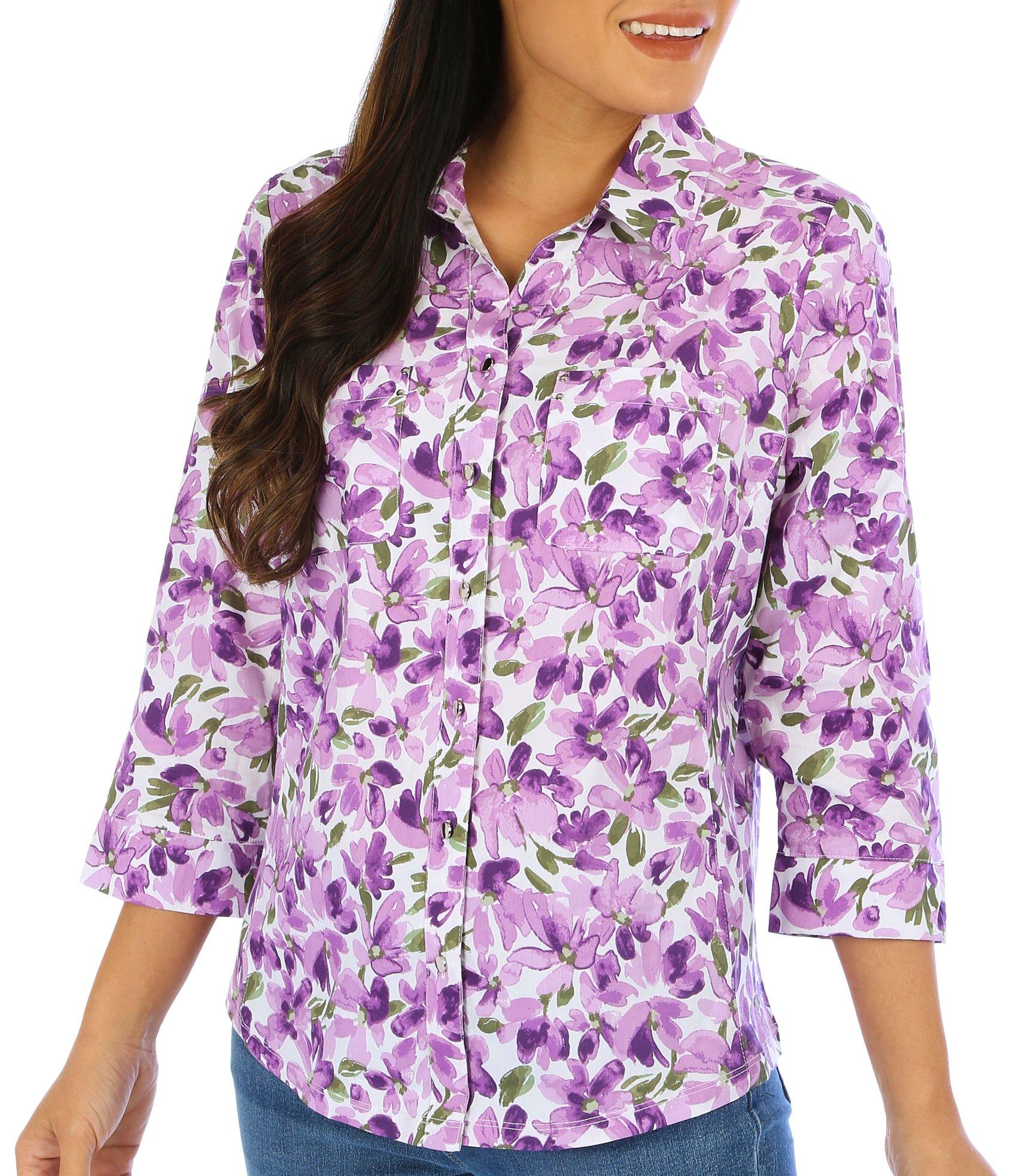 Coral Bay Womens Violet Print Knit To Fit 3/4 Sleeve Top