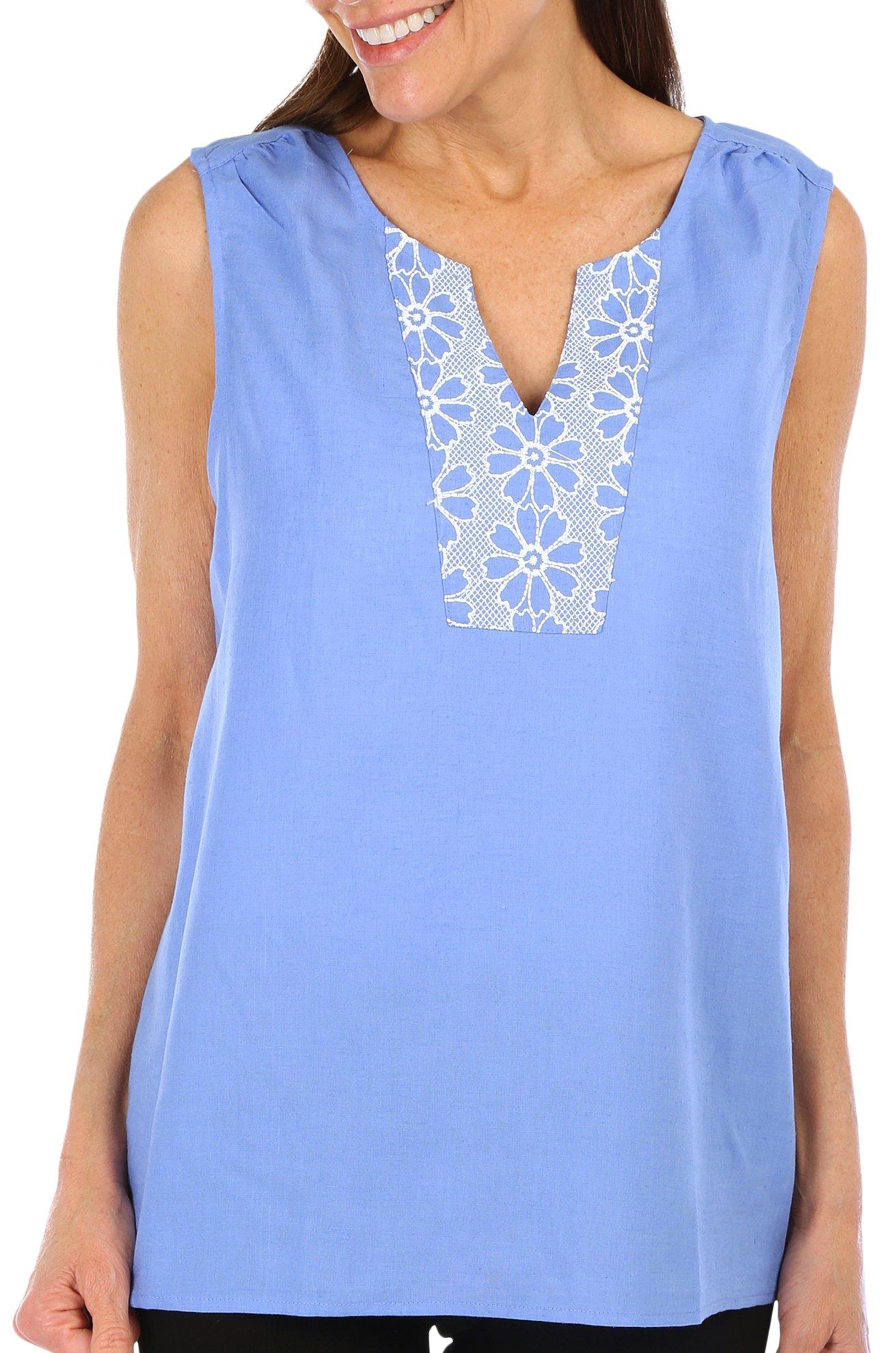 Coral Bay Womens Embroidery Split Neck  Sleeveless Top