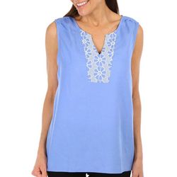 Coral Bay Womens Embroidery Split Neck  Sleeveless Top