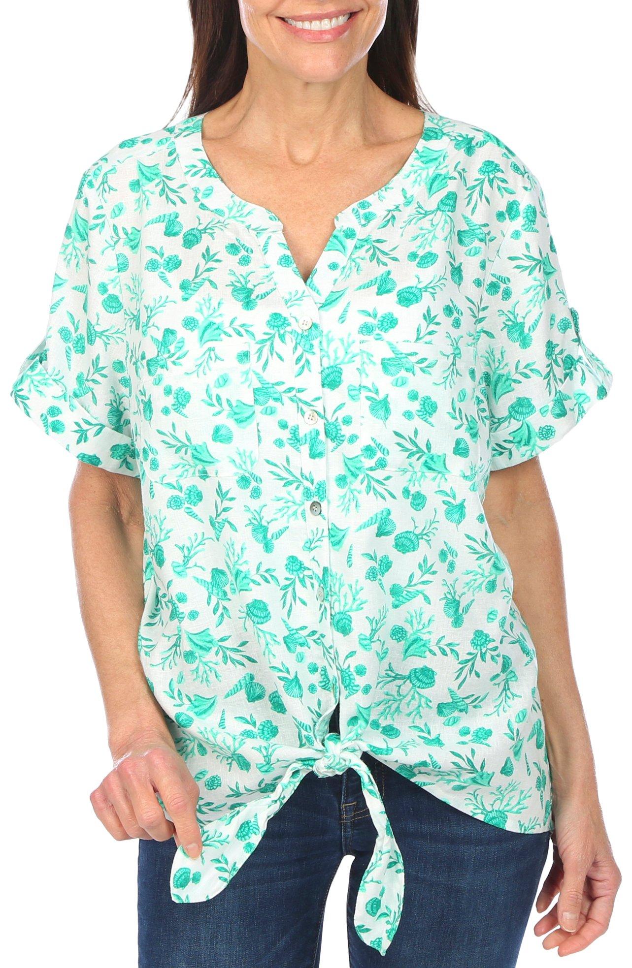 Coral Bay Womens Floral Button Down Tie Short Sleeve Top