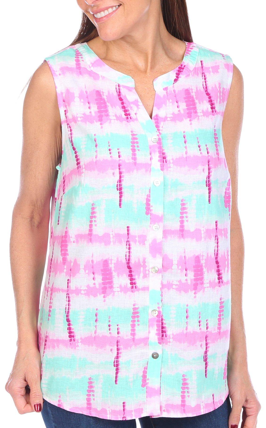 Coral Bay Womens Spring Tie-Dye Button Down Sleeveless Top