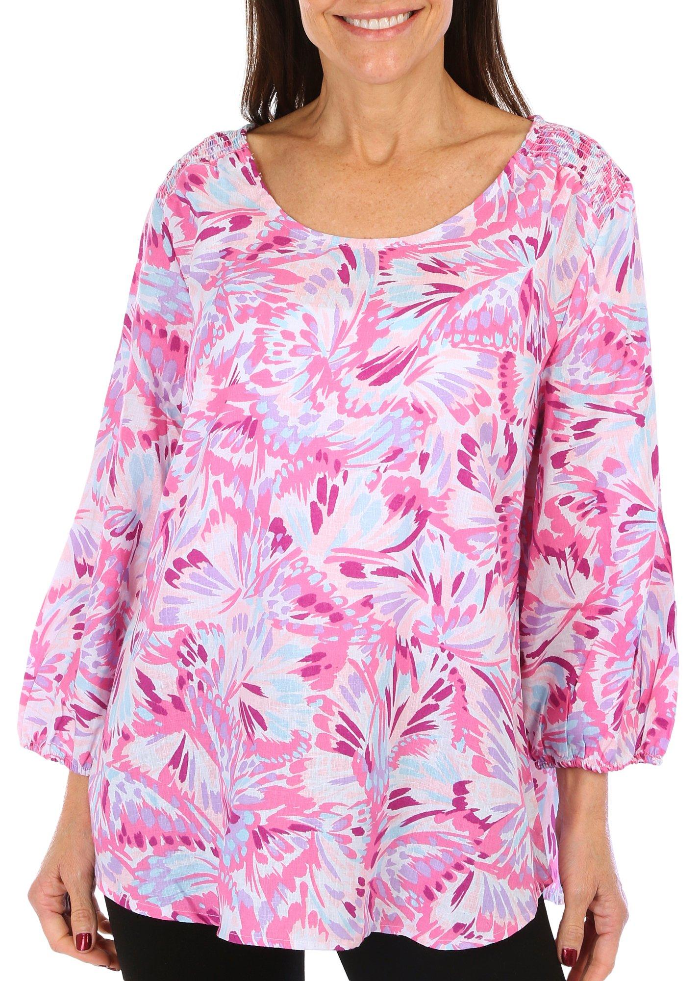 Coral Bay Womens Print Ruched Shoulder 3/4 Sleeve Top