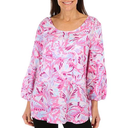 Coral Bay Womens Print Ruched Shoulder 3/4 Sleeve