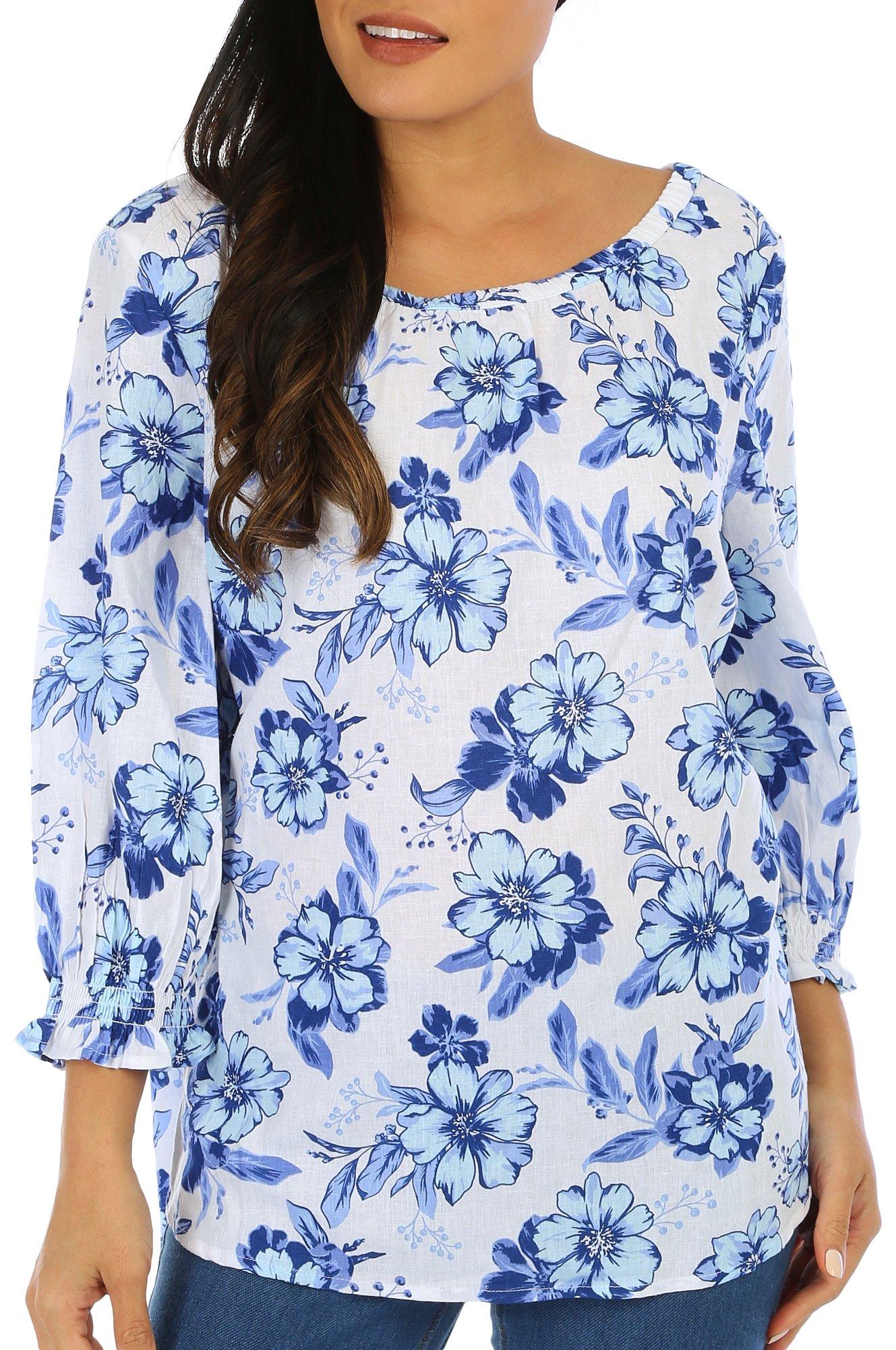Coral Bay Womens Floral Ruched Neck 3/4 Sleeve