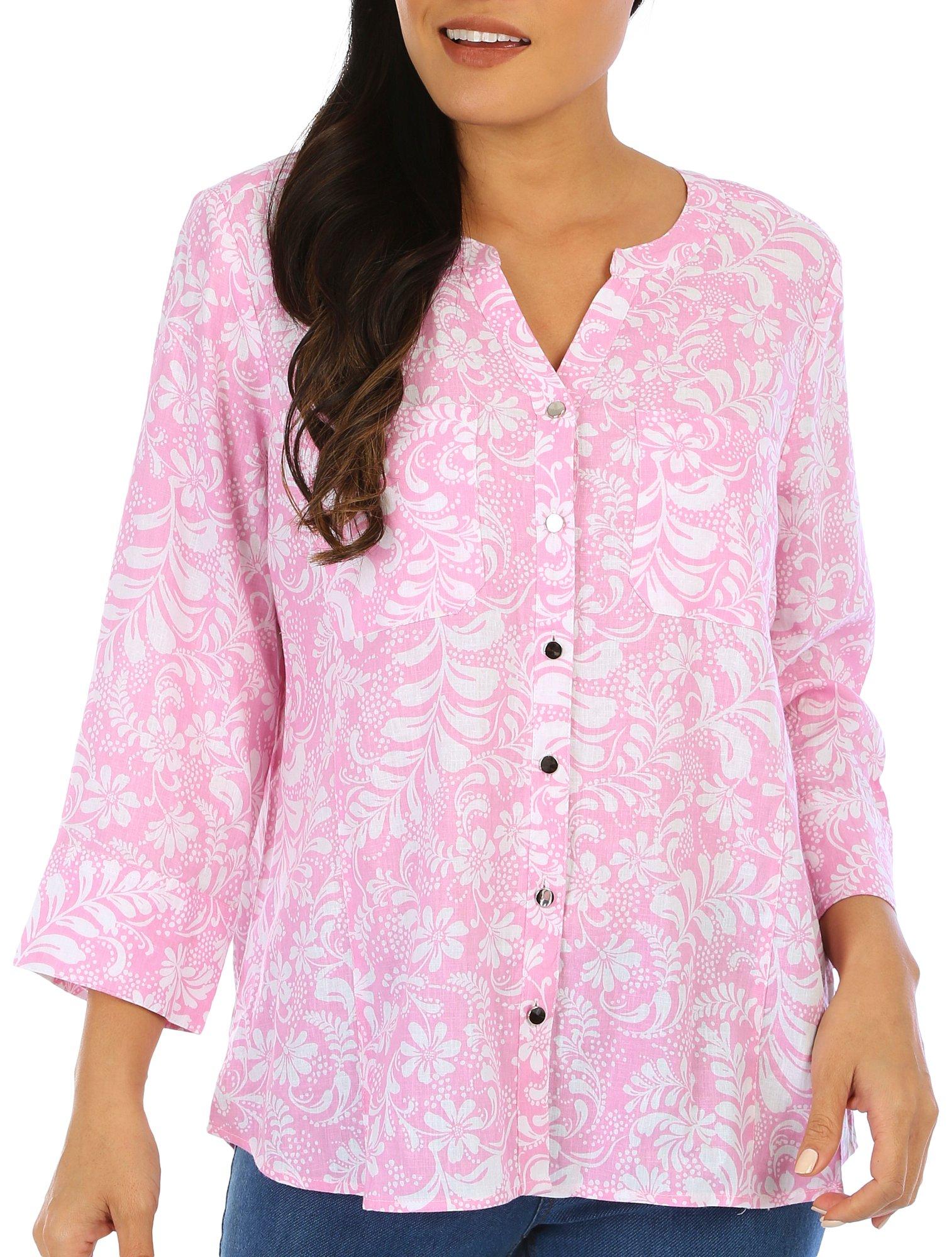 Coral Bay Womens Print Button Down 3/4 Sleeve Top