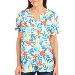 Coral Bay Womens Floral 3-Button Short Sleeve Top