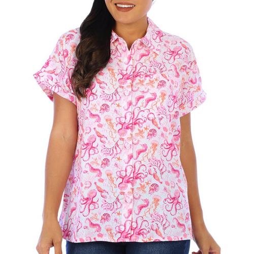 Coral Bay Womens Print Buttoned Short Sleeve Top