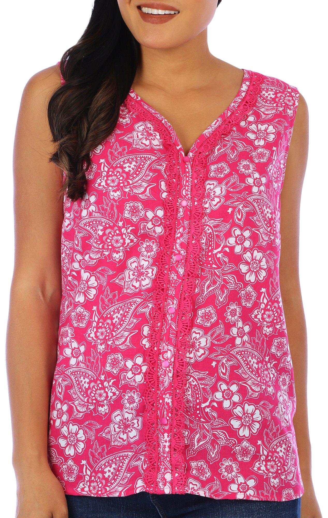 Coral Bay Womens Floral Print Button Down Sleeveless Top