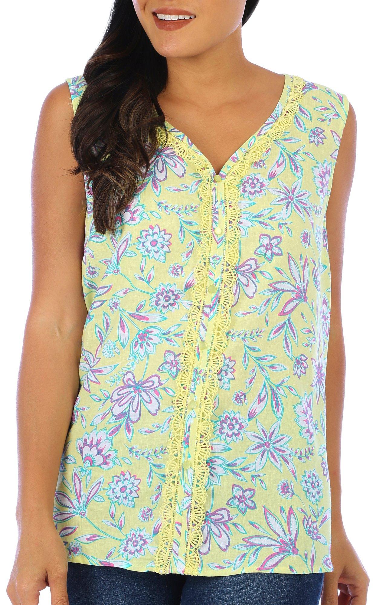 Coral Bay Womens Floral Print Button Down Sleeveless Top