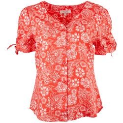 Coral Bay Womens Print Buttoned Short Sleeve Top