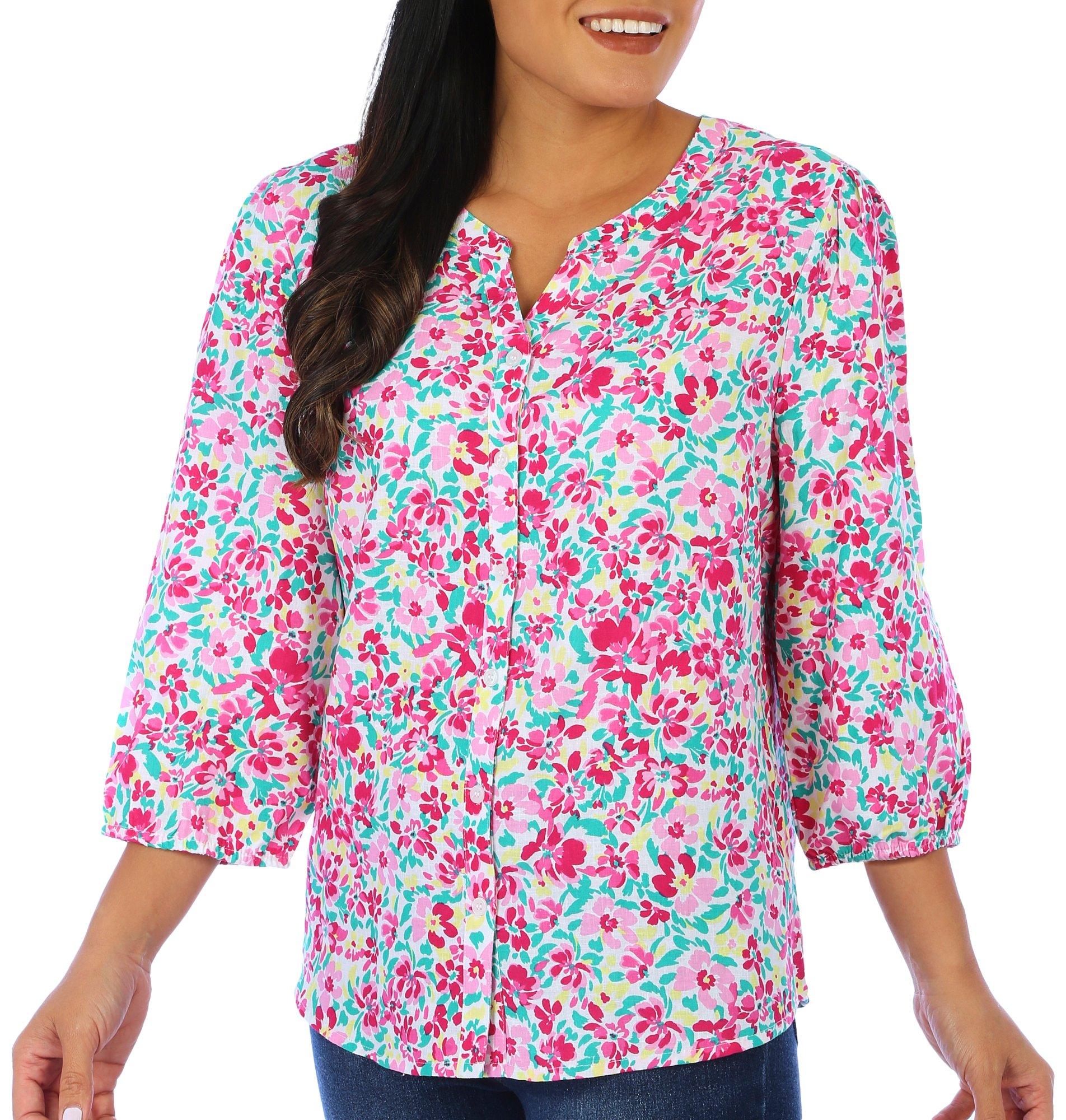 Coral Bay Womens Floral Print Button Down 3/4 Sleeve Top