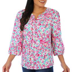 Womens Floral Print Button Down 3/4 Sleeve Top