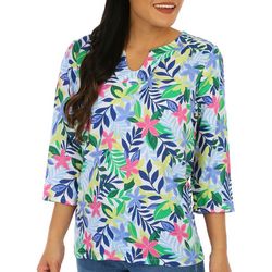 Coral Bay Womens Floral Split Neck 3/4 Sleeve Top