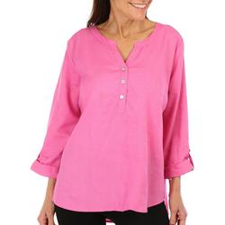 Womens Solid Henley Button Placket 3/4 Sleeve Top