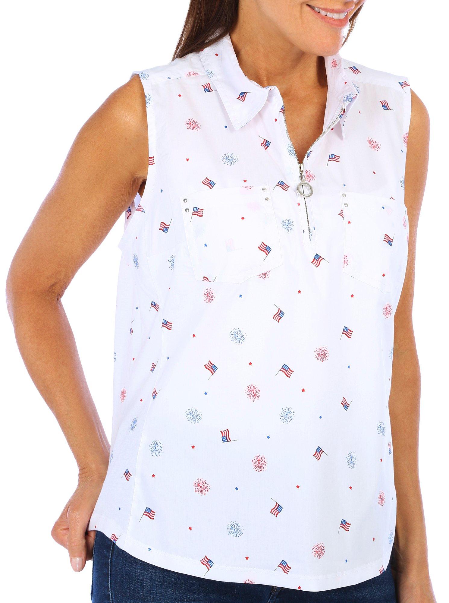 Coral Bay Womens Fireworks & Flag Zip Placket Sleeveless Top