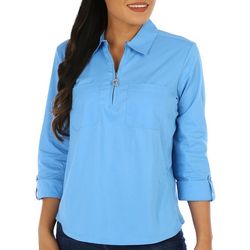 Coral Bay Womens Solid Zipper Knit To Fit 3/4 Sleeve Top