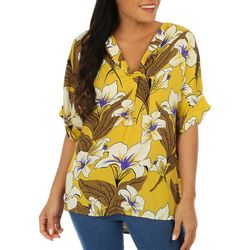 Womens Tropical Floral Roll Tab Short Sleeve Top