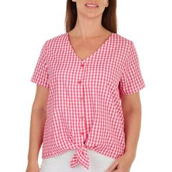 Kaktus Womens Gingham Button Down Tie Front Short Sleeve Top