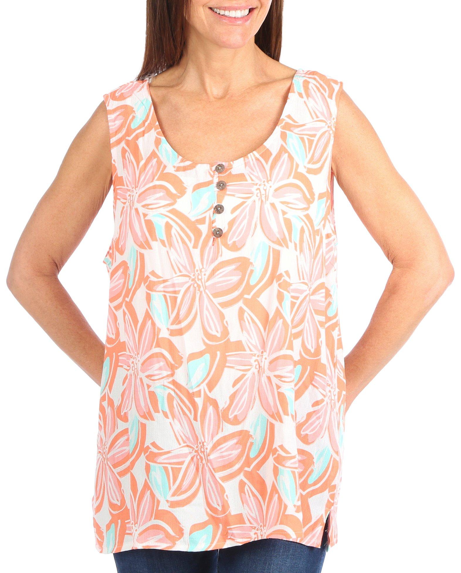 Womens Floral Button Placket Sleeveless Top
