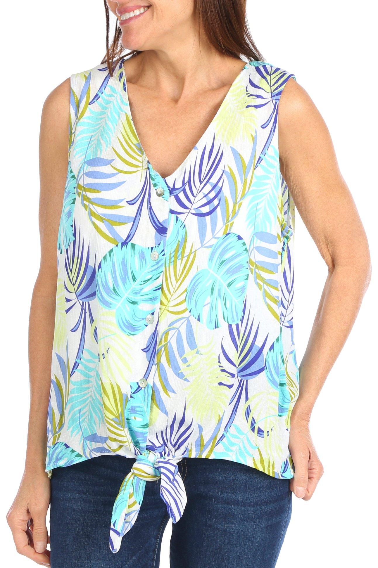 Womens Tropical Tie-Front Sleeveless Top