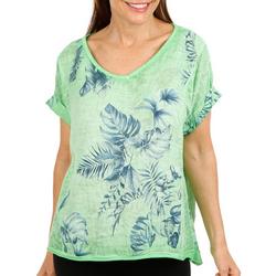 Womens Palm Bouquet Linen Short Sleeve Top