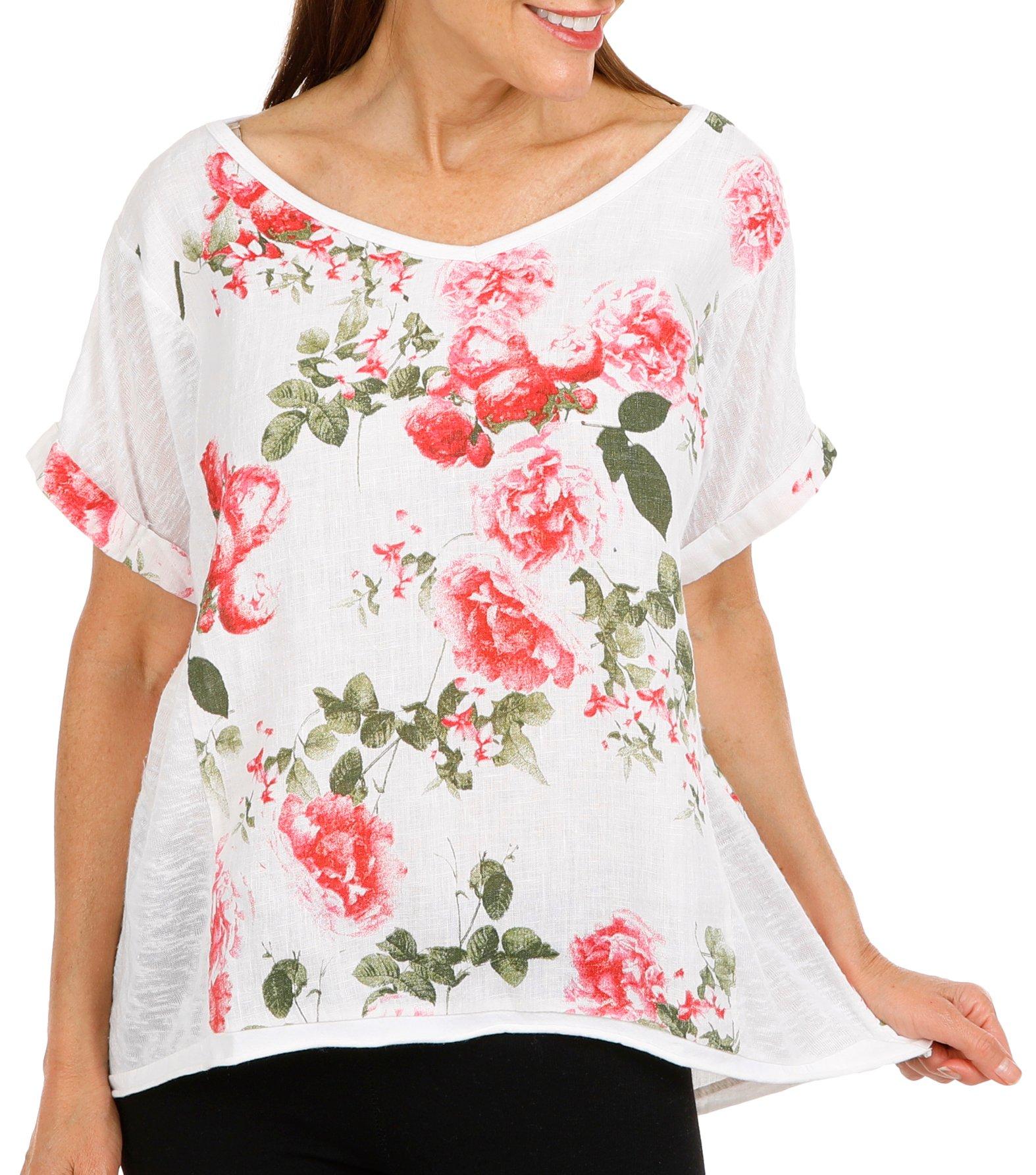 Womens Rose Garden Linen Short Sleeve Top