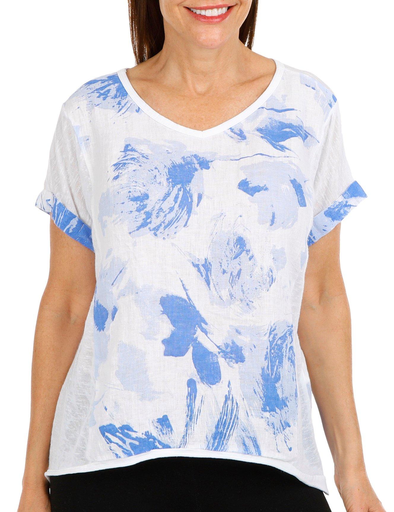 Womens Paint Floral Linen Short Sleeve Top