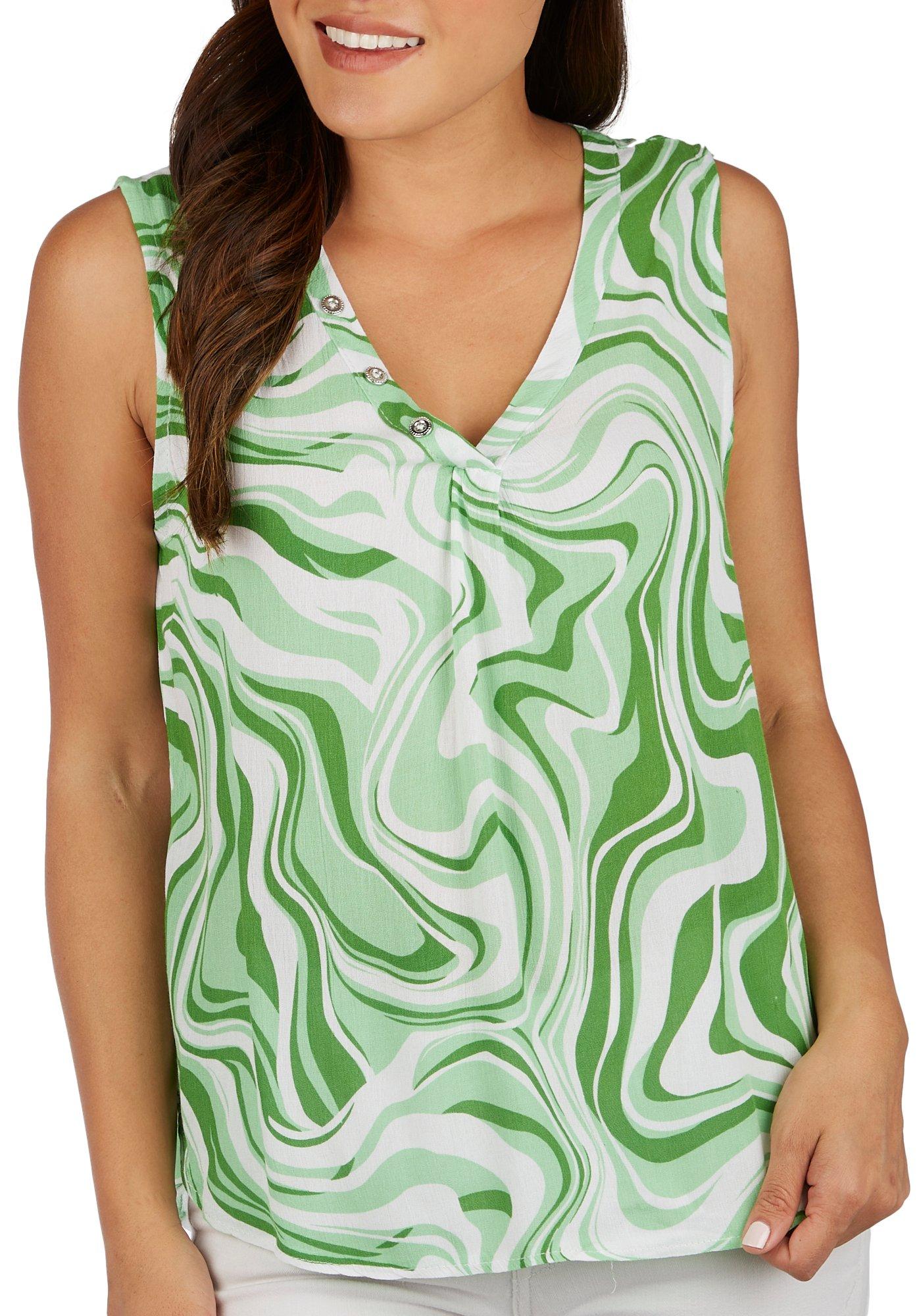 Womens Print V-Neck Embellished Sleeveless Top