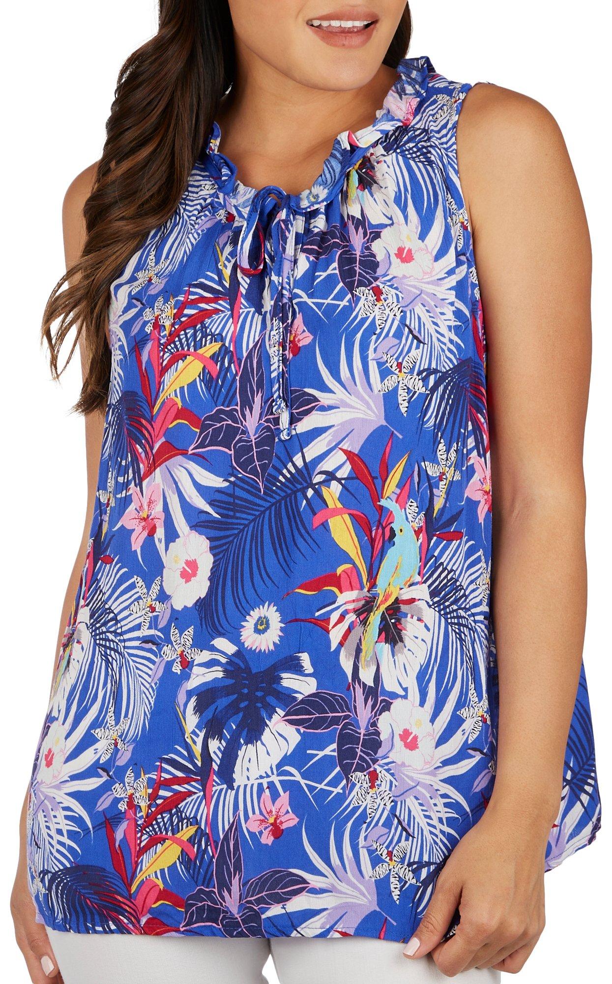 Womens Tropical Print Ruffled Tie Neck Sleeveless Top