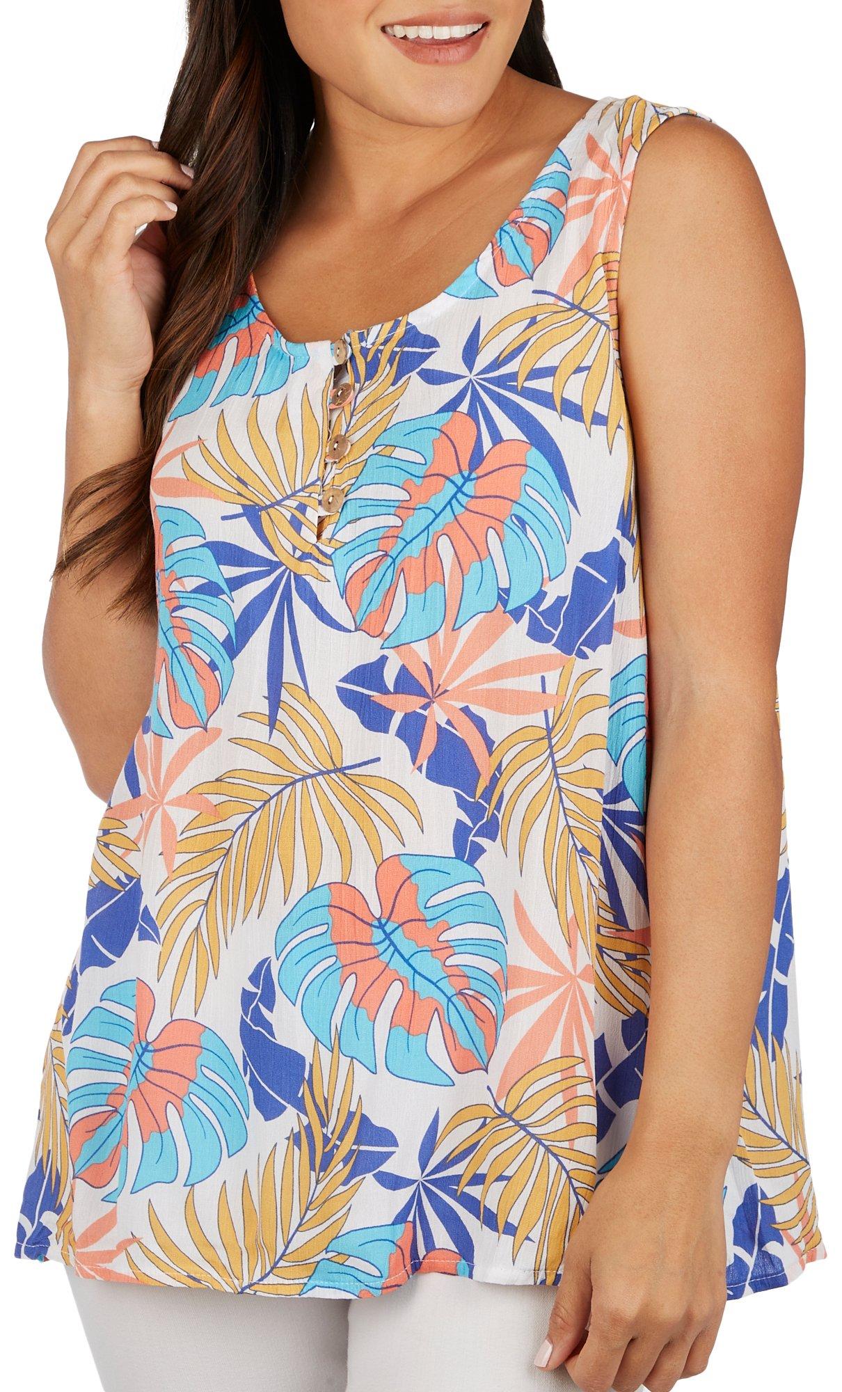 Womens Tropical Button Placket Sleeveless Top