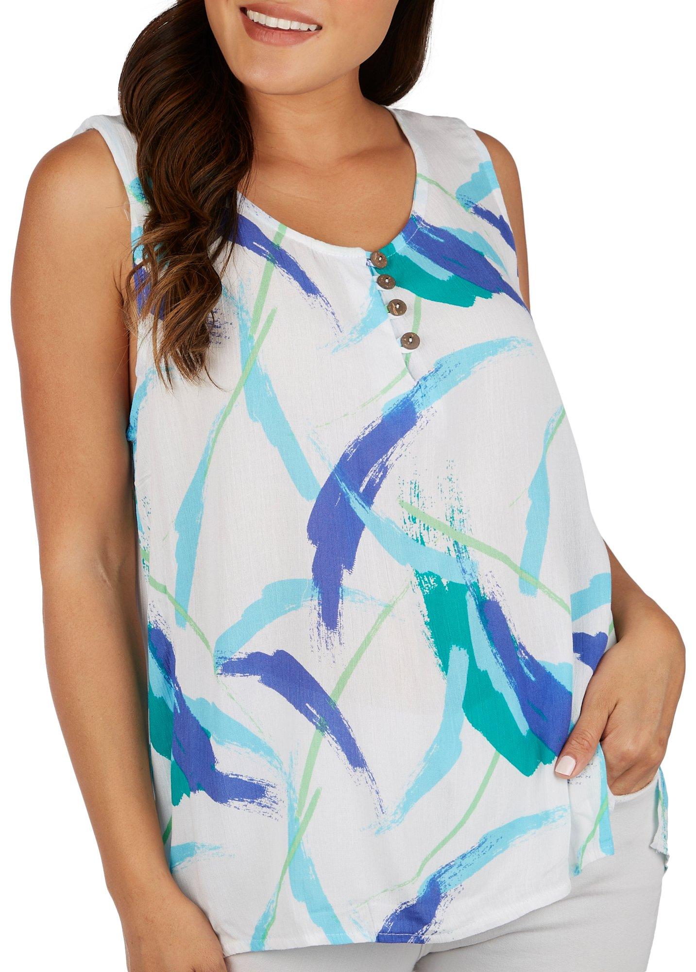 Womens Print Button Placket Sleeveless Top