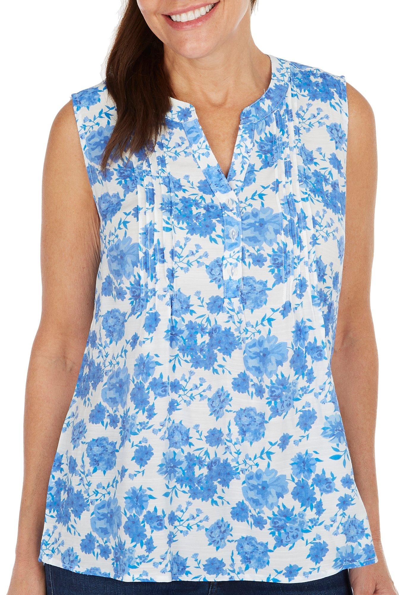 Womens Floral Pleated Sleeveless Top