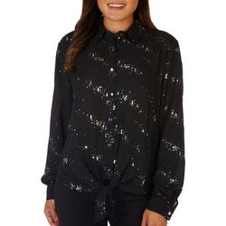 Notations Womens Crystal Button Down Long Sleeve Top