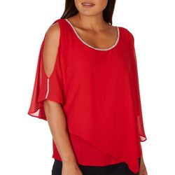 Notations Womens Solid Crystal Cold Shoulder Poncho Top