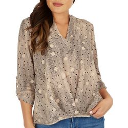 NY Collection Womens Dot Print Split Neck 3/4 Sleeve Top