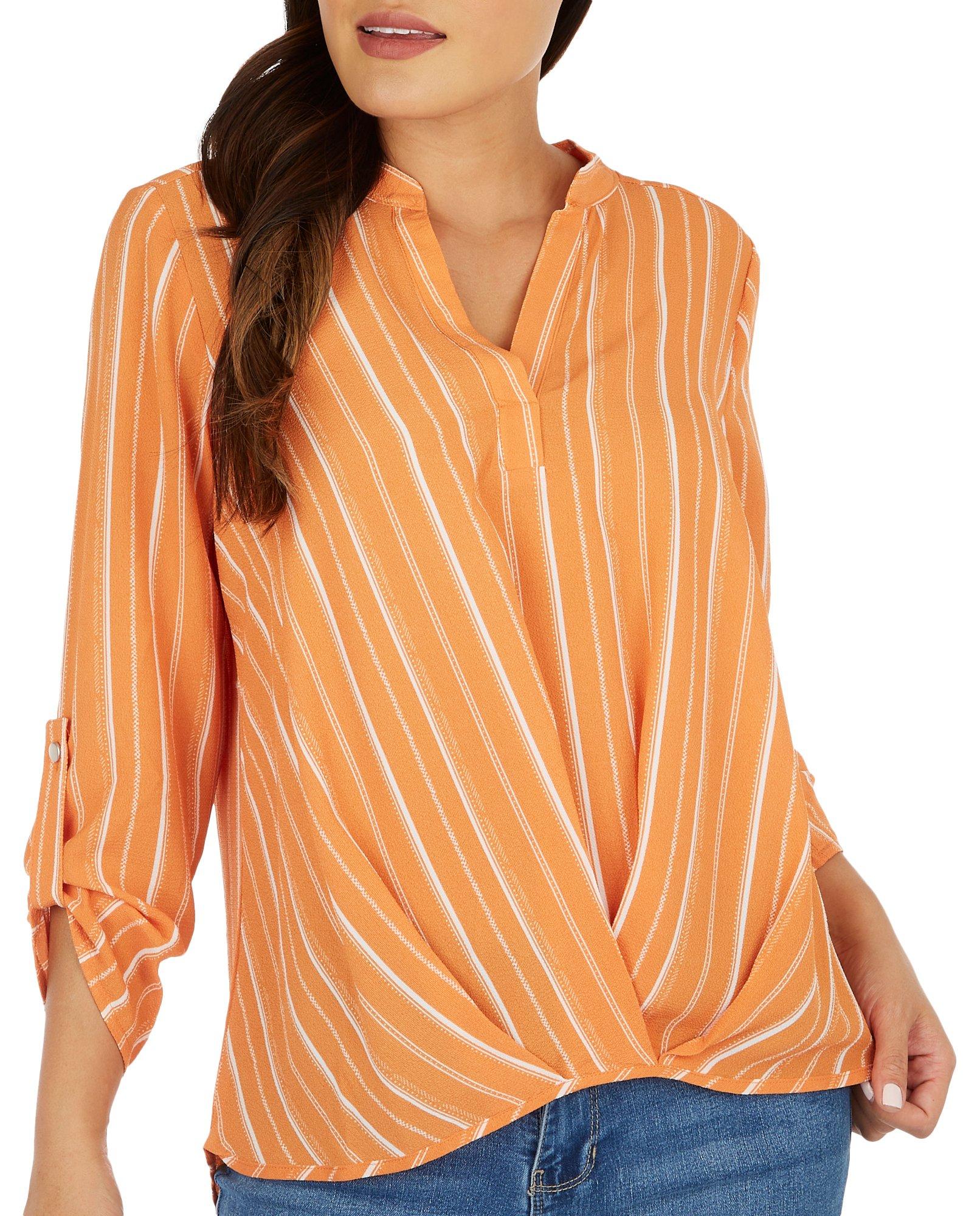 NY Collection Womens Striped Split Neck 3/4 Sleeve Top