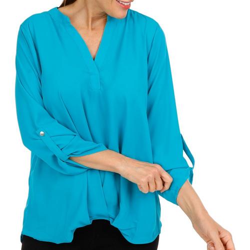 NY Collection Womens 3/4 Sleeve Roll Tab V-Neck