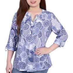 Notations Womens Floral Tuwa Henley 3/4 Sleeve Top