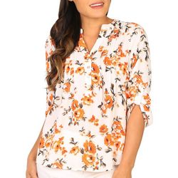 Womens Pleated Floral Four Button 3/4 Sleeve Top