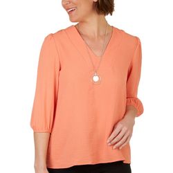 NY Collection Womens Solid Necklace 3/4 Sleeve Top