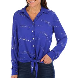 NY Collection Womens Metallic Print Button Down Top