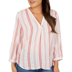 Womens Stripe Popover Woven 3/4 Sleeve Top
