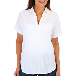 Womens Short Sleeve Stripe Back Button Top