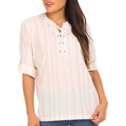 Womens Stripe Lace Up 3/4 Sleeve Top
